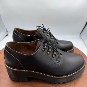 Dr. Martens LEONA LO Platform Shoes  Black Leather Chunky Heel Women's Size 9